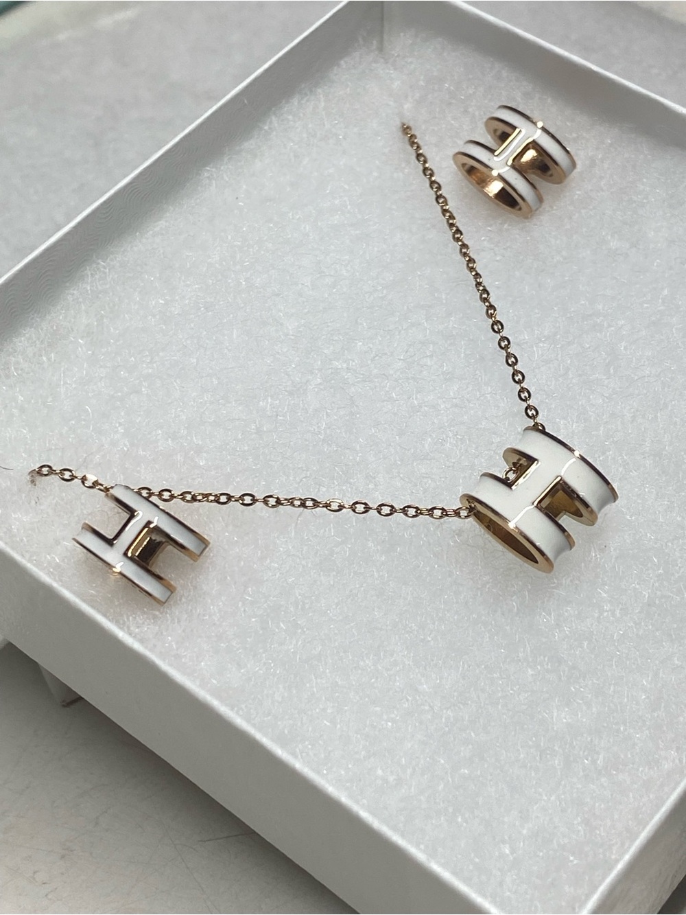 Hermes White and Gold 'H' Necklace with Matching Earrings